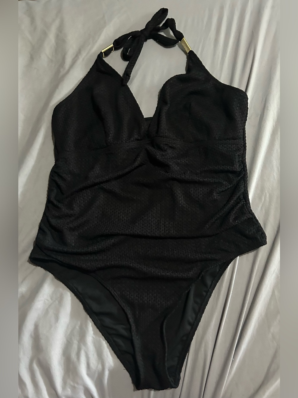 Black Halter One-Piece Swimsuit with Gold Accents